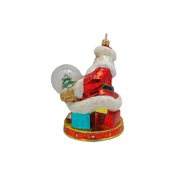 Weihnachtsmann hält Schneekugel 14 cm hoch, Christbaumschmuck Lauscha mundgeblasen und handbemalt