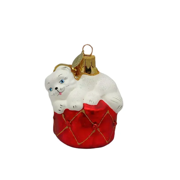 süße Katze auf Kissen ca. 7cm hoch, Christbaumschmuck aus Glas, mundgeblasen und handbemalt