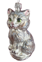 Süße graue Katze, ca. 10cm hoch, Christbaumschmuck aus Glas, mundgeblasen und handbemalt