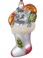 süße Katze im Geschenkestrumpf, ca. 15cm hoch, Christbaumschmuck aus Glas, mundgeblasen und handbema