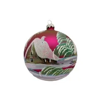 Exklusive schöne Christbaumkugel aus Glas in pink mit schöner Winterlandschaft ,12 cm Durchmesser, t_3