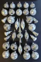 Exclusive 35-piece Christmas tree decoration set in silver-white with full decoration and olives, mouth-blown Lauscha