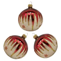 Exklusives 3er Christbaumschmuck Set in bordeaux glänzend und Eislack champ. gold Zacken bemalt 8cm, mundgeblasen