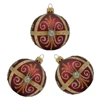 Exklusives 3er Christbaumschmuck Set in bordeaux glänzend und Eislack gold bemalt 8cm, mundgeblasen_3-536