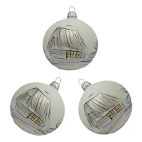 Exclusive set of 3 white Christmas tree decorations in 8 cm, painted with a beautiful winter landscape