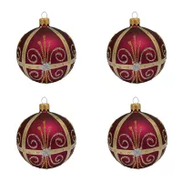 Exklusives 4er Christbaumschmuck Set in bordeaux glänzend und Eislack gold bemalt 10cm, mundgeblasen_3-539