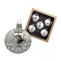 Exklusives 5er Christbaumschmuck Set 6cm in Eislack weiß und liebevoll mit Lorbeerblatt in silber