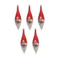 Exklusives 5er Christbaumschmuck Set Oliven in Rot mit Schönem Haus bemalt 15cm, mundgeblasen