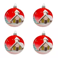 Exklusives hochwertiges 4er Christbaumschmuck Set in Rot mit schönem Haus bemalt 10cm, mundgeblasen