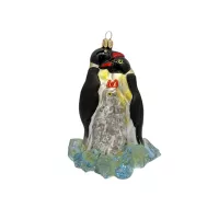 Junge Pinguinfamilie auf Eisscholle 13 cm hoch, Christbaumschmuck Lauscha mundgeblasen und handbemalt