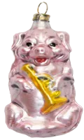 Süßes kleines Schweinchen mit Trompete, Weihnachtsbaumschmuck auf Glas ca 8 cm,nostalgie pur