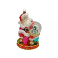 Weihnachtsmann hält Schneekugel 14 cm hoch, Christbaumschmuck Lauscha mundgeblasen und handbemalt