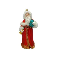 Weihnachtsmann mit Glocke und Geschenk, 22 cm hoch, Christbaumschmuck Lauscha mundgeblasen und handbemalt